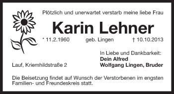 Traueranzeige von Karin Lehner von Pegnitz-Zeitung